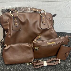 Brown Faux Leather Women's Four Piece Handbag Shoulder bag set